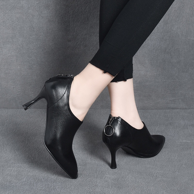 Shoes pointed-toe heels, leather chain English style with zipper, spring 2023 model, cowhide, British style, back zipper