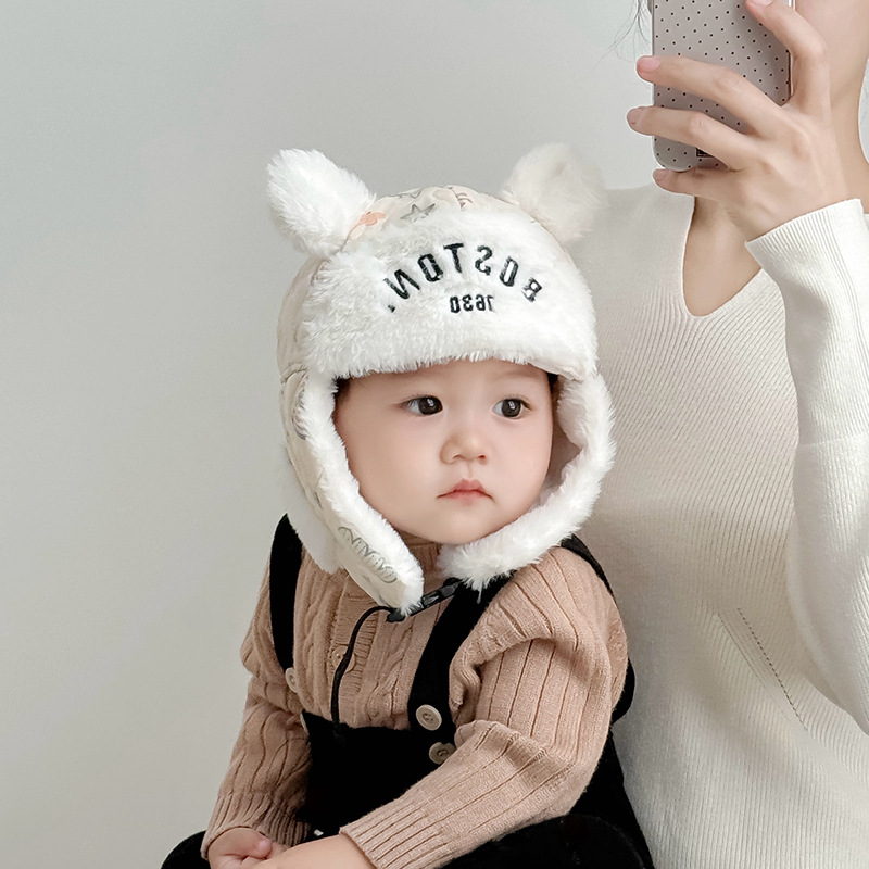 Sombreros de moda coreana de letras para niños otoño y invierno caliente y grueso sombreros de orejas para bebés de hombres y mujeres con gorras de lana de invierno