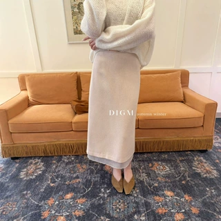 冬上新【DIGM】韩系时尚气质简约纯色拼网纱设计高腰显瘦半身裙