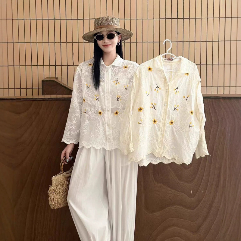 Forest-Style Pastoral Daisy Embroidered Lace Shirt for Women, Summer Single-Breasted Breathable Vacation-Style Loose Sun-Protective Long-Sleeve Jacket
