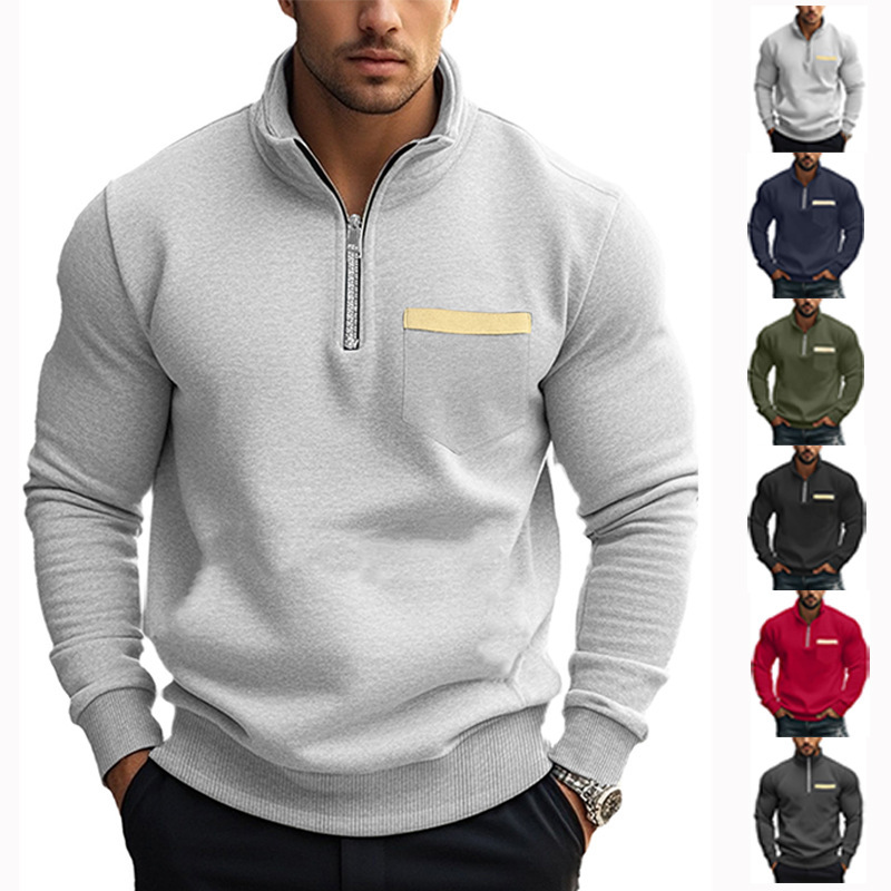 Cross-border Amazon autumn and winter new men's sweater foreign trade casual zipper collar fleece-lined solid color men's shirt