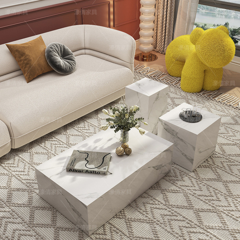 Mesa de centro de losa de roca de alta calidad de lujo ligero francés, puerta de entrada, sala de estar, hogar, apartamento pequeño, mesa de centro rectangular, combinación de mesa lateral