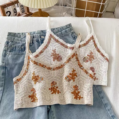 Summer Hot Girl Knit Halter Tank Top for Women, Outerwear White Bralette, Short V-Neck Embroidered Top