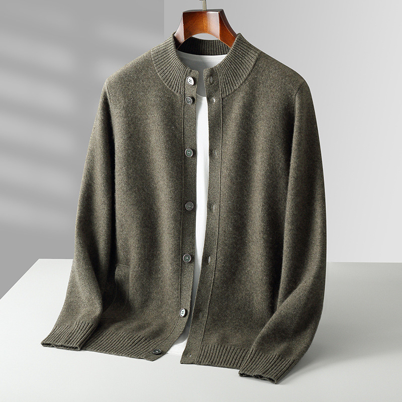 Autumn and Winter New Men's Siping Thickened Air Layer Wool Cardigan Half-High Collar Double Pocket Cashmere Jacket Sweater