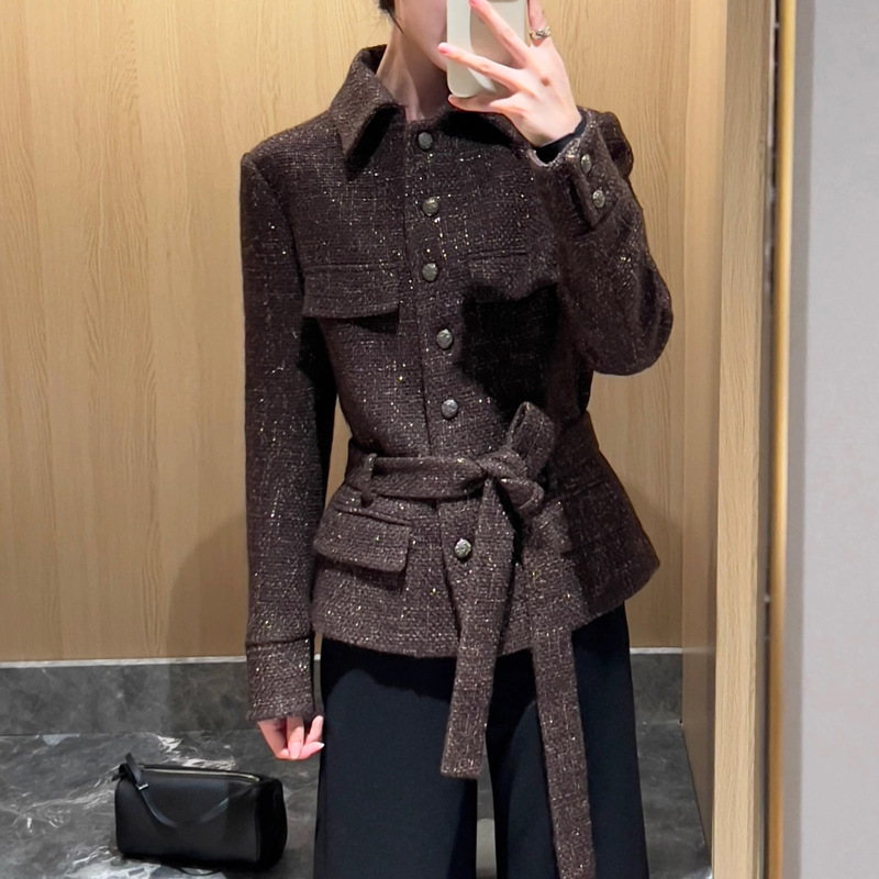 Tweed Style Burgundy Tweed Outwear for Women Autumn and Winter 2025 New Design Waist Strap Woolen Outwear