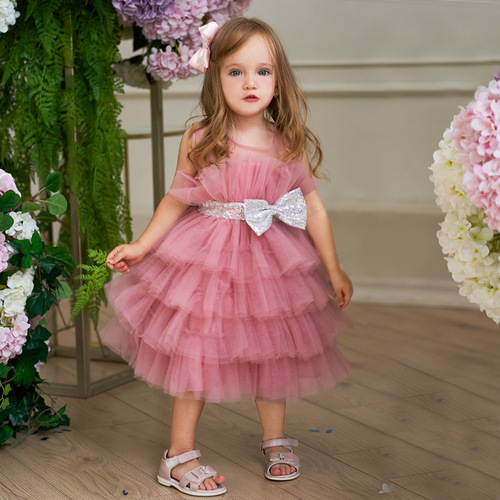 跨境新款洋气女童公主裙女生日蓬蓬蛋糕裙花童礼服主持人模特走秀