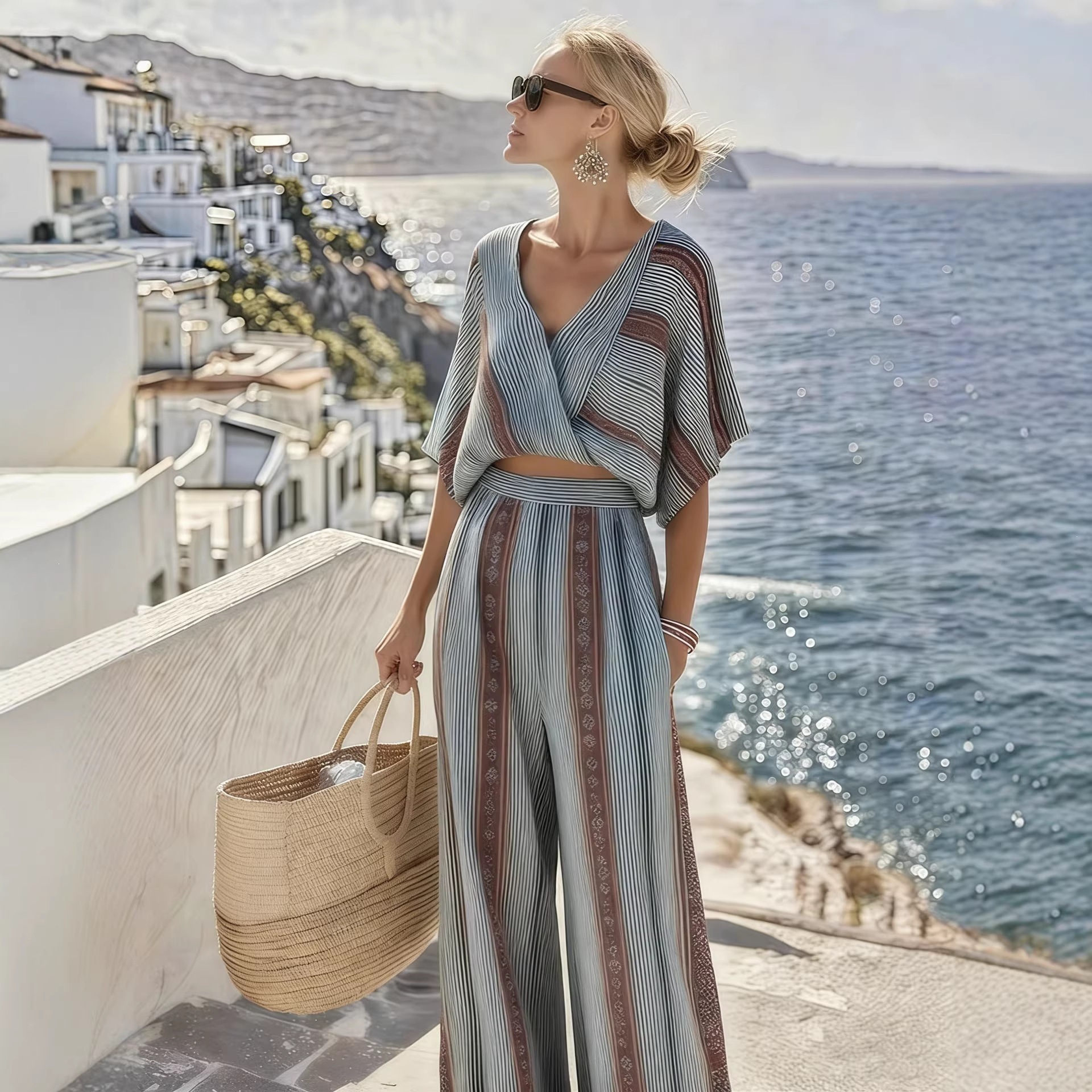 European and American Cross-Border New Striped Printed Holiday Cotton and Linen Casual Suit
