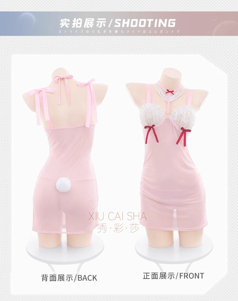 Bunny Girl Maid Lingerie Set with See-Through Mesh and Lace Trim, Pink with White Stockings — detail image 15
