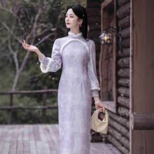 旗袍2025冬季新款加绒加厚改良国风紫芙秋冬女新中式紫色新年战袍