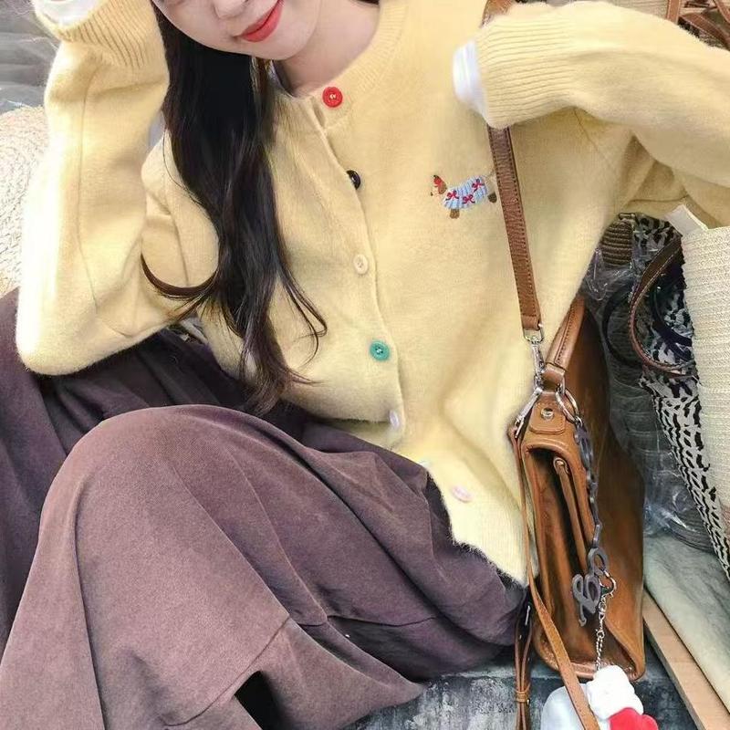 高级感彩色纽扣针织衫上衣早秋韩系温柔甜美风刺绣小狗毛衣开衫女|undefined