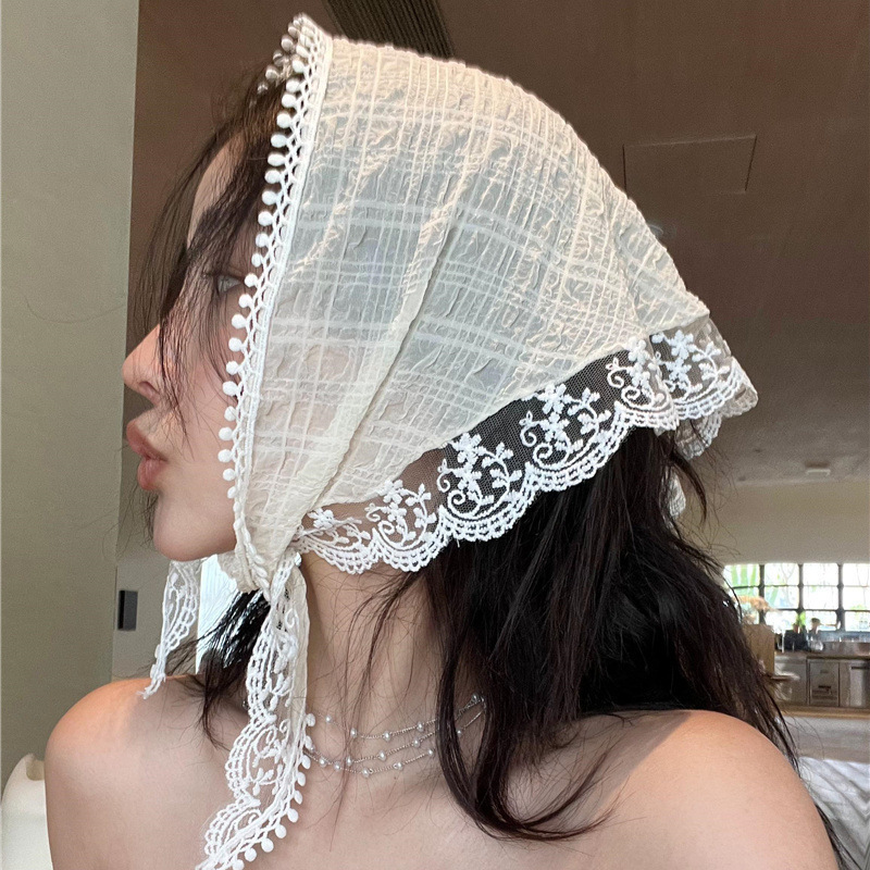 Triangle Scarf Headscarf for Women Summer Thin Sun Protection Lace French Thin Breathable Versatile Headband Turban Silk Scarf
