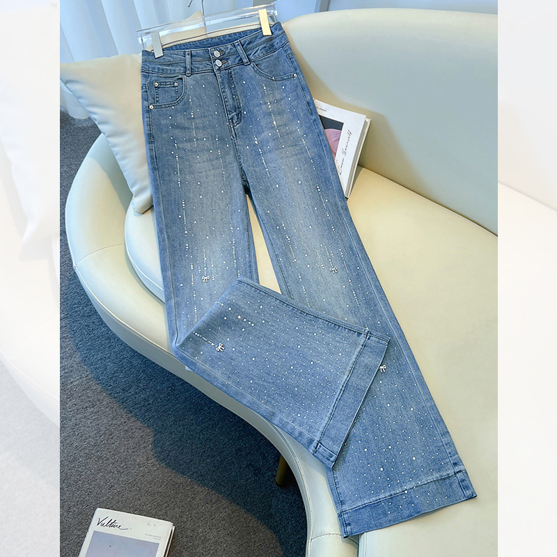 High-End Blue Flared Jeans for Women, Spring and Autumn 2026 New Style, Rhinestone Embellished, Slim Fit, Flattering Bootcut Pants, Narrow Flare Pants