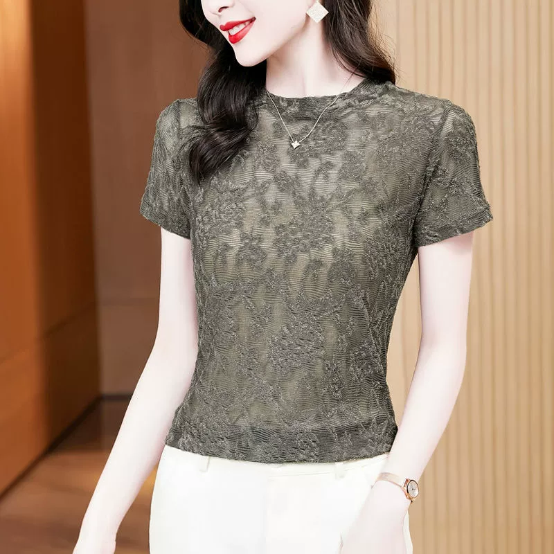 Женская летняя футболка с коротким рукавом из кружева, новая модель 2025 года, тонкая и универсальная, модная элегантная базовая рубашка