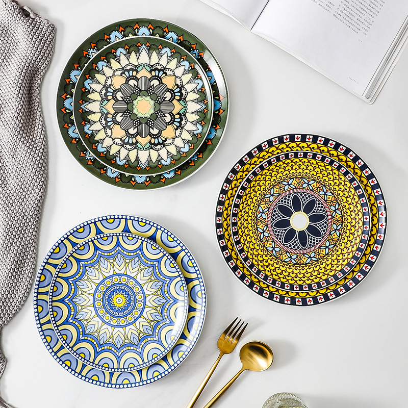 Placa de vajilla de cerámica placa pintada a mano Bohemia placa plana decorativa decoración de pared plato doméstico placa poco profunda placa occidental
