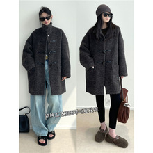 温暖松弛感！柔软蓬松羊驼毛 中长款圈圈羊毛呢立领牛角扣大衣冬