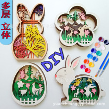 新款木质复活节居家摆件手工DIY木质工艺品儿童绘画装饰品北欧兔