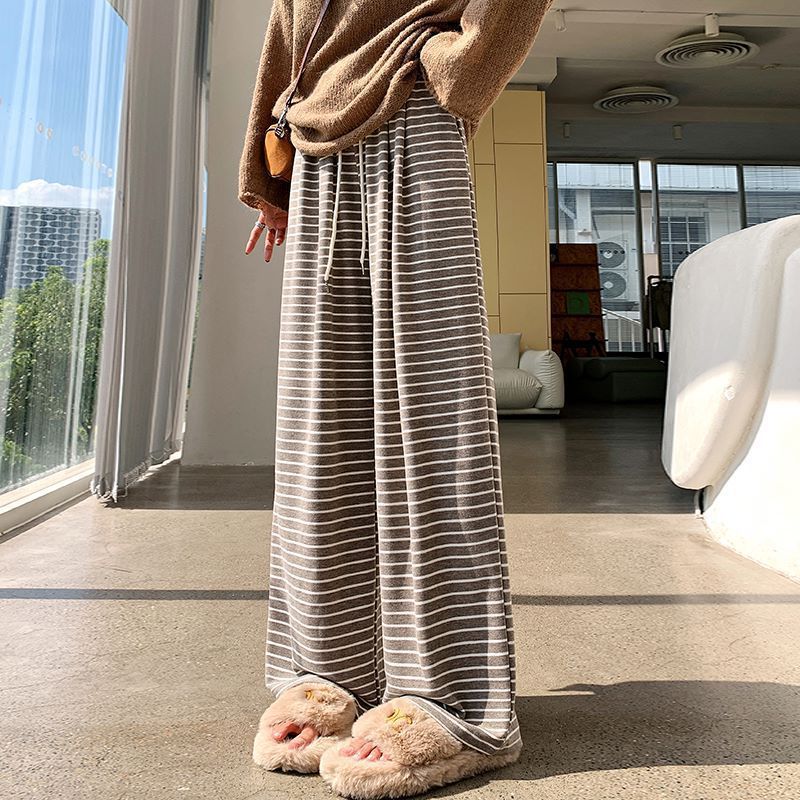 软糯条纹糯米裤子女阔腿裤垂感慵懒遛弯裤秋季宽松休闲直筒长裤|undefined