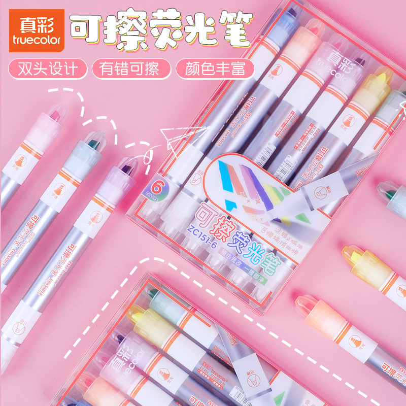 Bolígrafo resaltador borrable de color verdadero Bolígrafo de marcado Cuenta de estudiante Bolígrafo de papelería Bolígrafo de contorno clave de doble cabezal de color