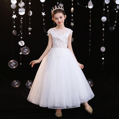 Girls' Formal Dress 2024 Spring New Trendy Flower Girl White Fairy Host Show Birthday Piano Performance Dress