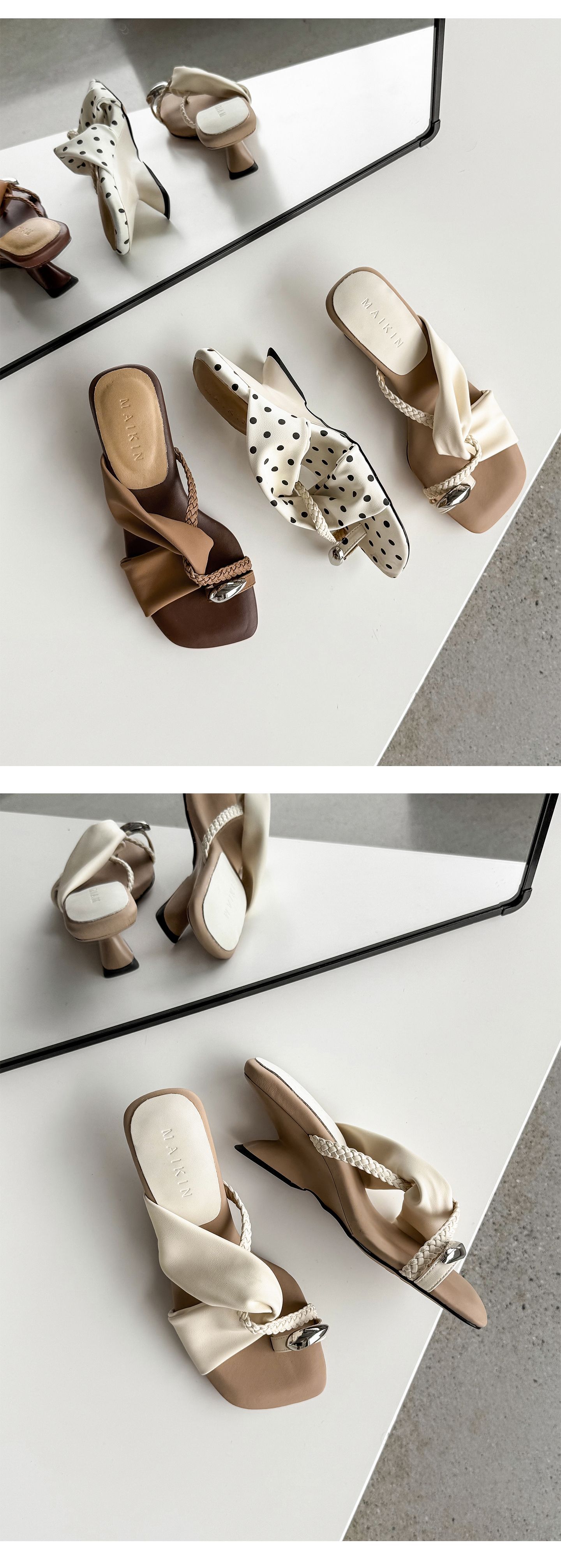Dép sandal nữ xỏ ngón đế bệt mũi vuông, quai chữ T da thật đan chéo, phong cách thanh lịch — Chấm bi trắng, màu nâu, màu trắng ngà chi tiết 11
