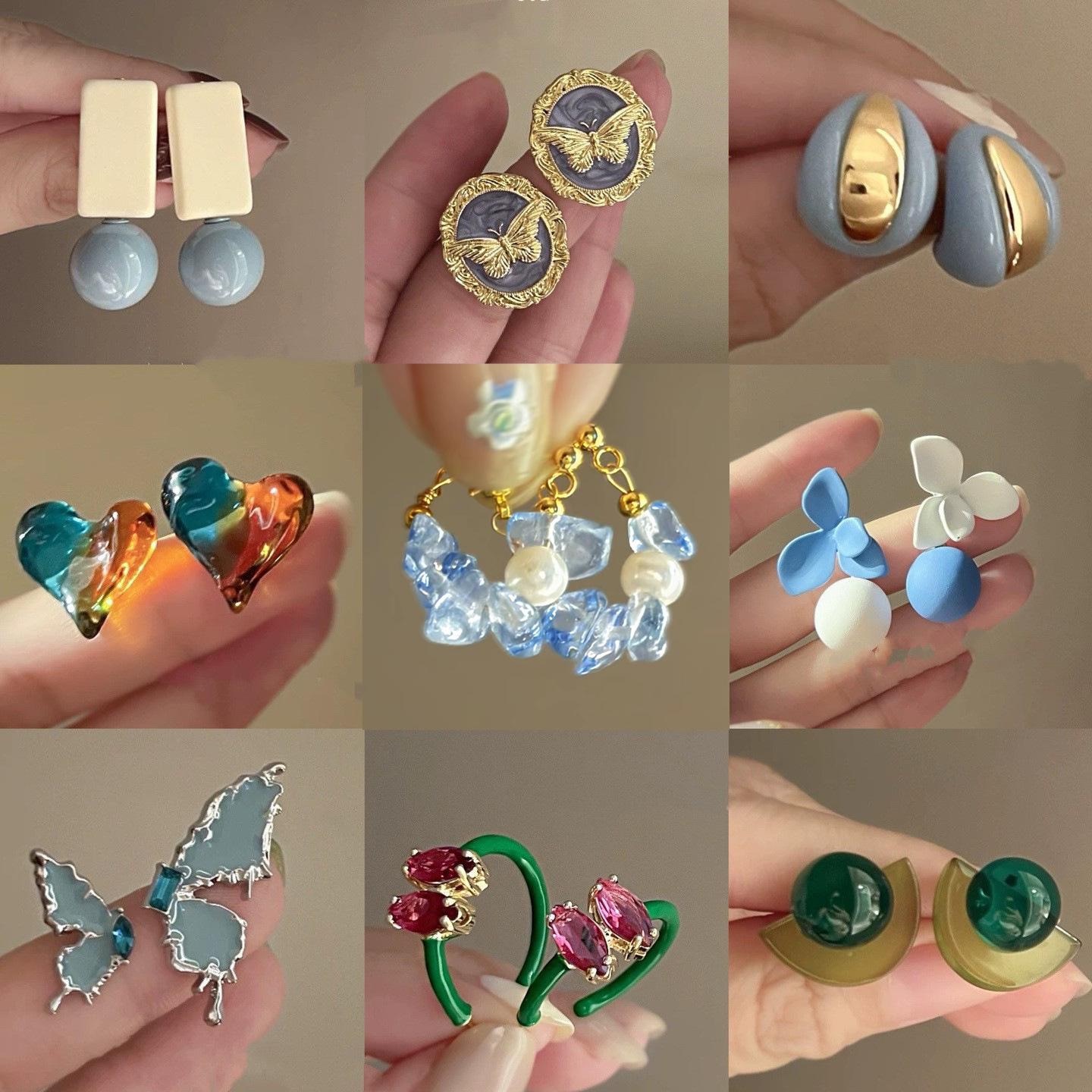 Aguja de plata, flores frescas pequeñas, pendientes de resina de mariposa, pendientes de todo fósforo de nicho, temperamento literario, accesorios de pendientes de estilo de vacaciones