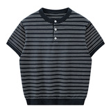 ZH8115-B夏薄款老钱风宽松休闲上衣美式条纹亨利领针织短袖，男装针织衫/毛衣，星座614