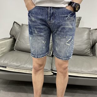 Old light blue Labeling Denim Shorts Men's Fashionable Summer Thin New All-match Slim-fit Popular Korean Style Micro-elastic Pants for Youth