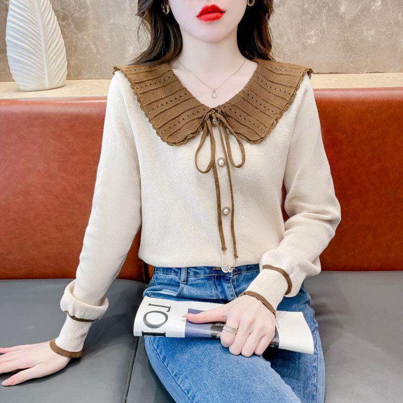 设计感娃娃领蝴蝶结针织衫女2024秋冬装新款洋气甜美百搭开衫上衣