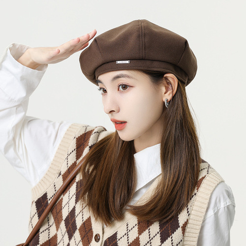 Korean style autumn and winter woolen metal beret hat for women, octagonal hat, big head circumference, small face, fashionable literary painter hat