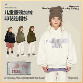 秋冬新款ESSENTIALS儿童宽松加绒帽衫字母印花连帽卫衣男童女童