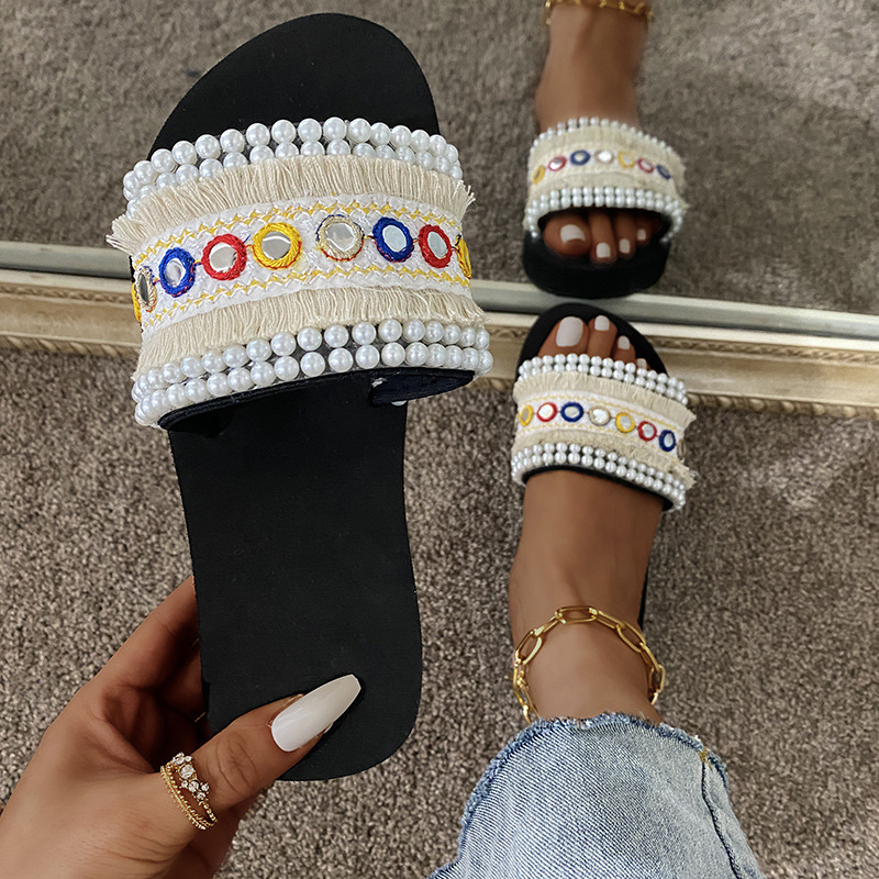 female sequined pearl Ethnic style slippers nihaostyles clothing wholesale NSKJX71198