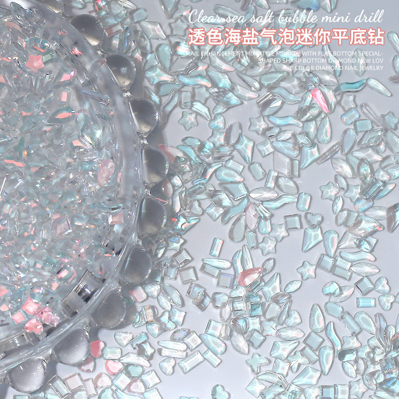 Transparent color sea salt cheese bubble nail art drill net red mini small size mixed flat shaped nail jewelry drill wholesale