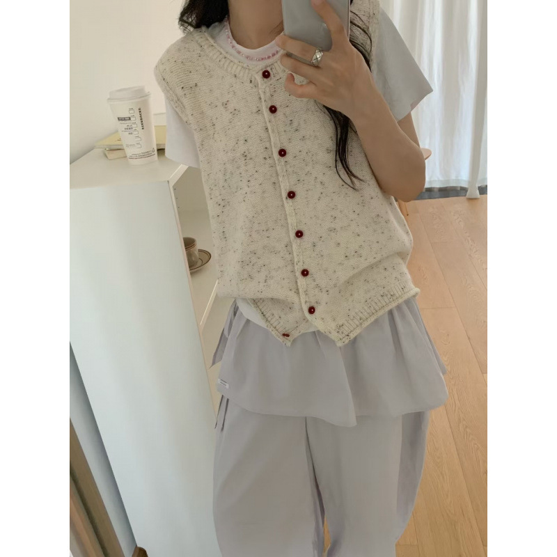 韩版圆领花线单排扣针织马甲开衫女2025早秋新款宽松百搭毛衣背心|undefined