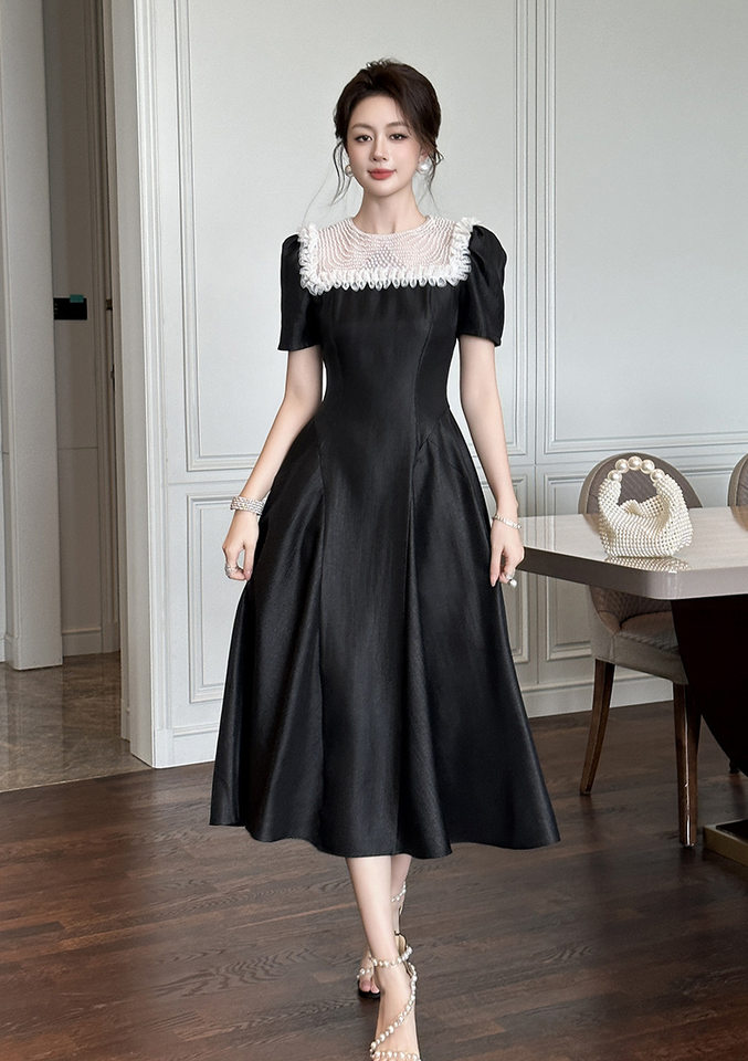Váy maxi nữ thắt eo kiểu Hepburn thanh lịch, dáng xòe eo thon — Màu đen chi tiết 10