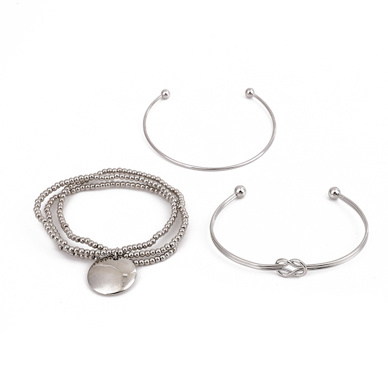 Conjunto de tres pulseras de plata brillante estilo europeo y americano con nudo en forma de ocho, pulsera de cuentas de arroz de una sola pieza para mujer, pulsera de plata brillante.