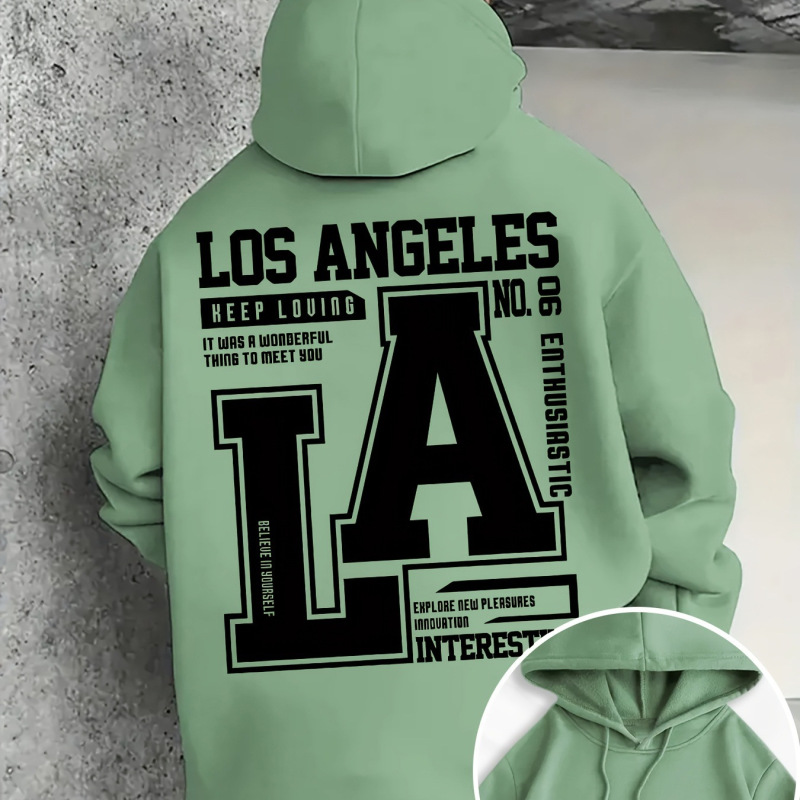 American College Style Angeles Large Size La Letter Print Hooded Sweatshirt Loose Shoulder-Drop Unisex Jacket