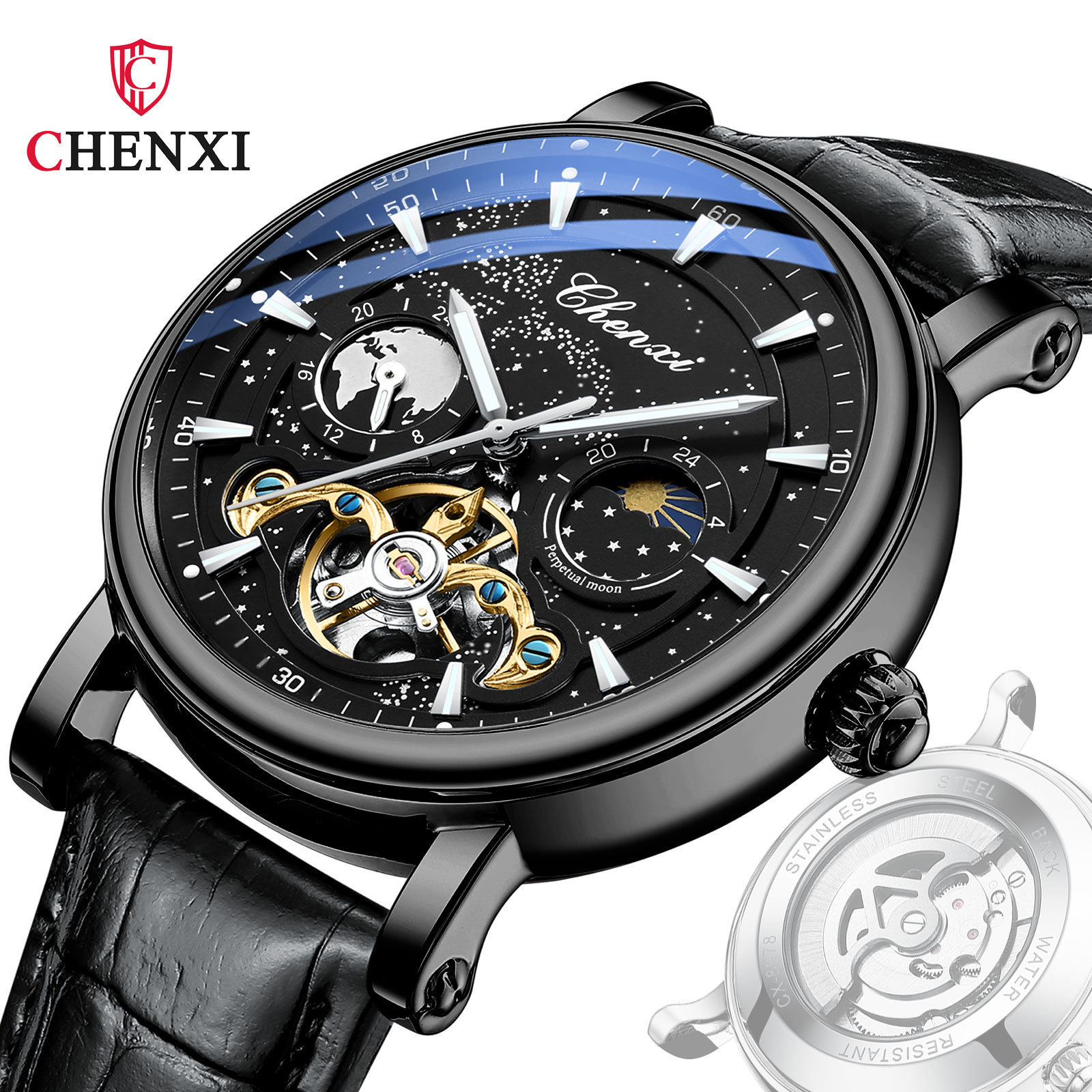 Chenxi Galaxy Space Hollow flywheel reloj mecánico automático para hombres reloj luminoso de negocios 8872
