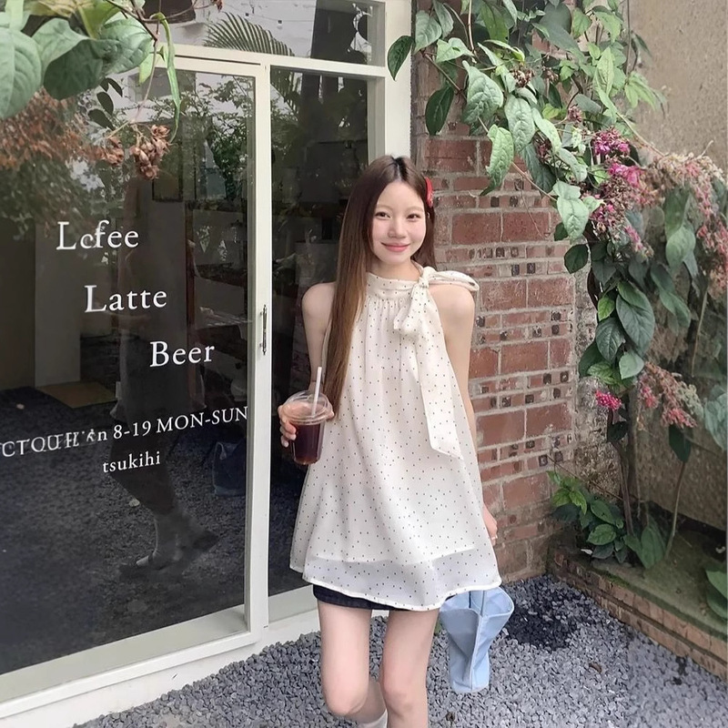 Summer New French Style Sleeveless Shirt Clothing Niche Design Sense Top Bow Polar Neck Gentle Style Shirt for Women