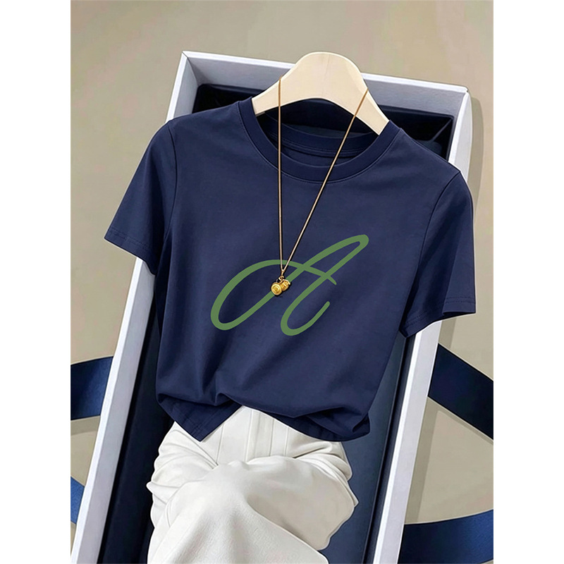 Summer 2026 New Korean Style Fashionable Versatile Stylish Navy Blue Top with Regular Shoulders, Pure Cotton, Round Neck, Short-Sleeved T-Shirt for Women