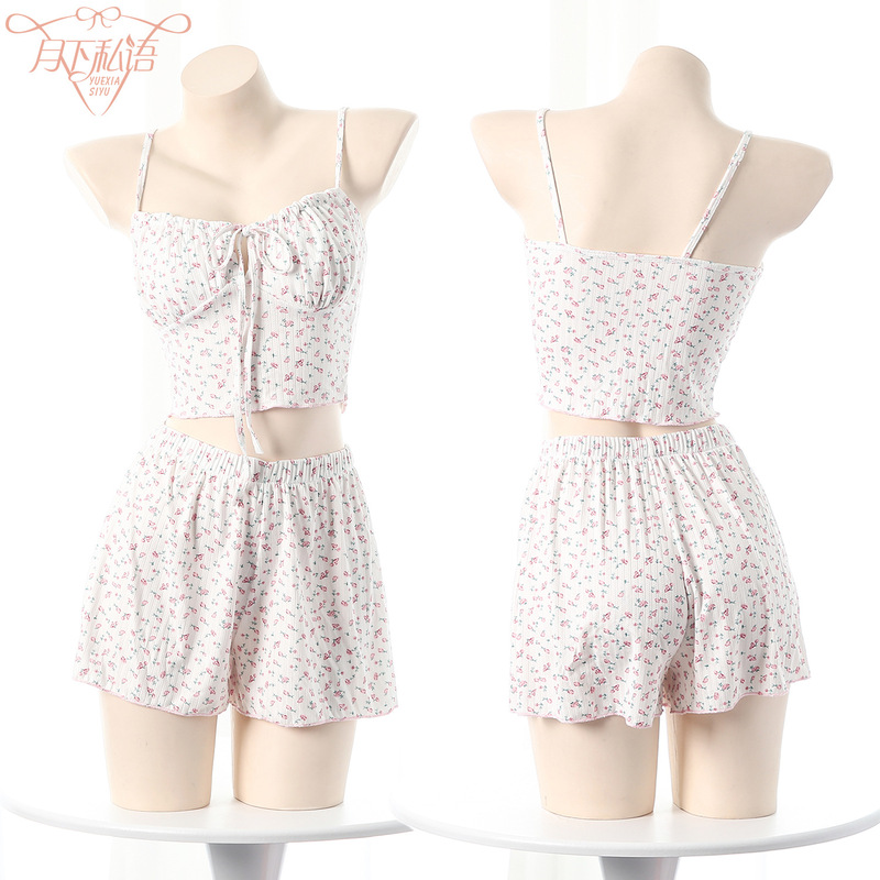 French Floral Sexy Pajamas suit Pure Desire Sling Cute Soft Shorts Sexy Underwear for Summer