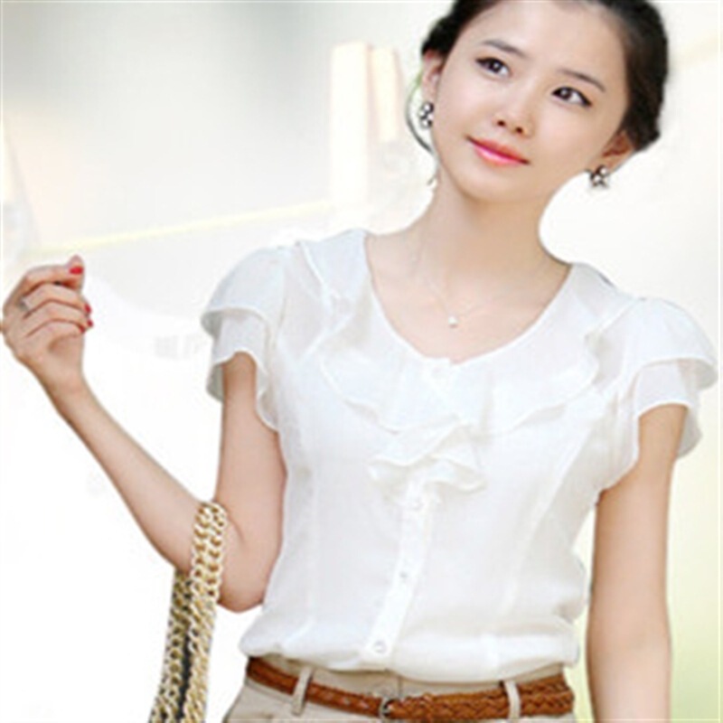 2020 Summer New Style Ruffled Lace Shirt Korean Style Slim Chiffon Shirt Doll Shirt Large Size White Short-Sleeved Shirt