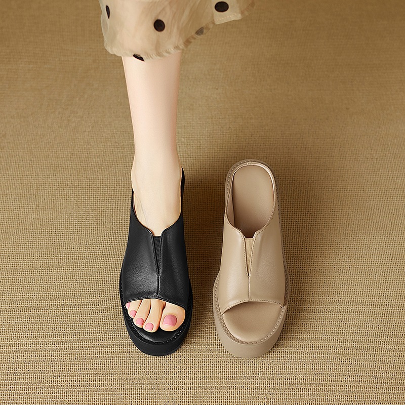 Dép sandal cao gót nữ mũi cá, đế xuồng dày, quai ngang, gót 8 cm — đen