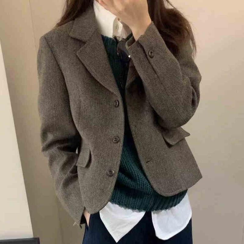 韩系chic复古人字纹咖色短款外套女2025秋冬超好看气质小西装上衣|undefined