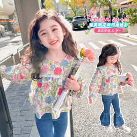 女童碎花牛仔喇叭裤套装儿童韩版时尚小女孩洋气两件套中小童春装