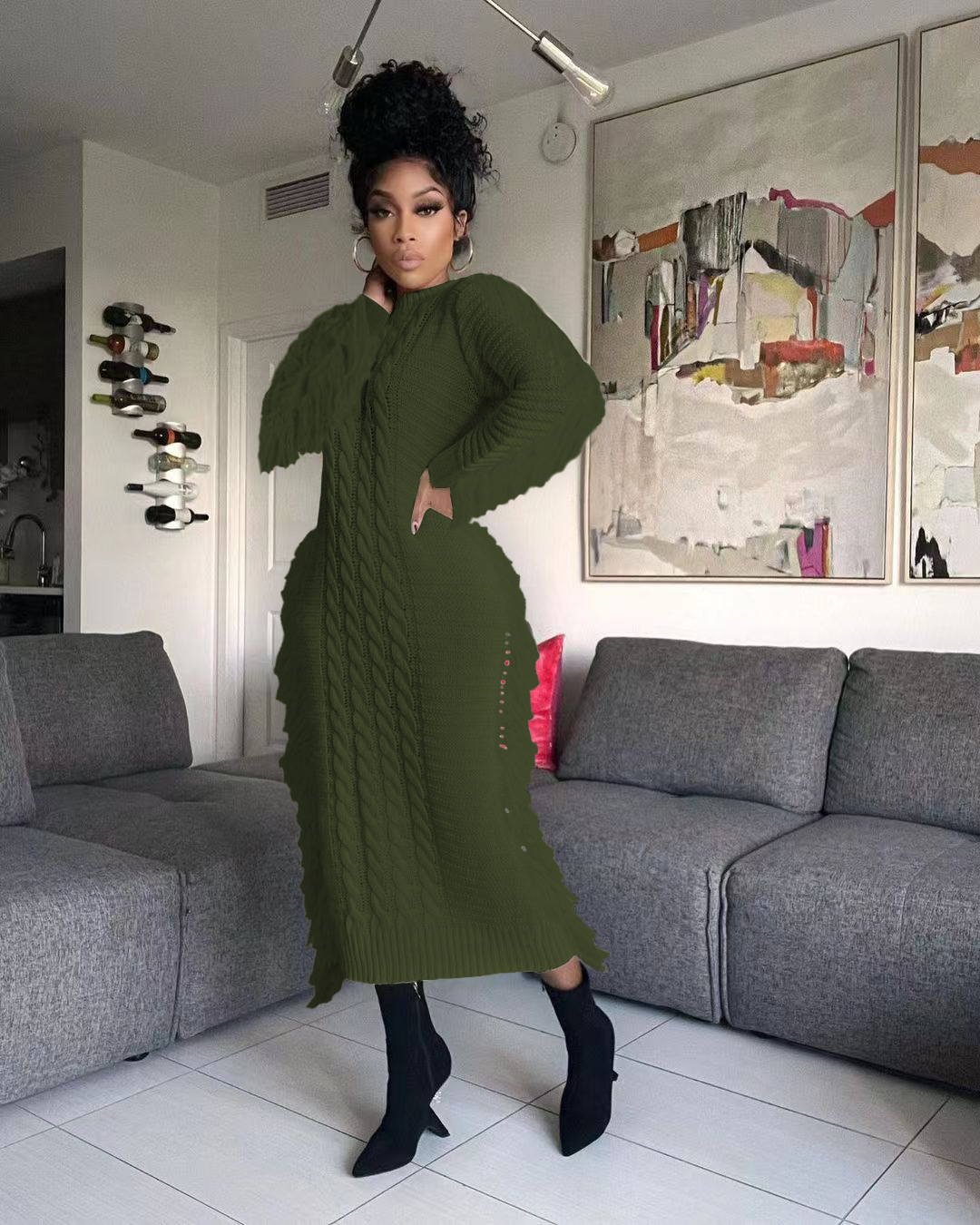 Robe pull femme avec franges longues en maille pour l'hiver_voghion.com
