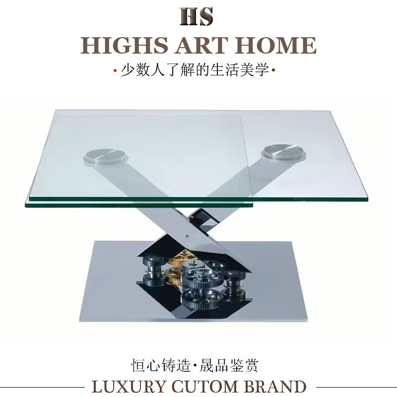Rochburg Stainless Steel Gear Mechanical Coffee Table Modern Light Luxury High-End Living Room Home Glass Retractable Coffee Tab