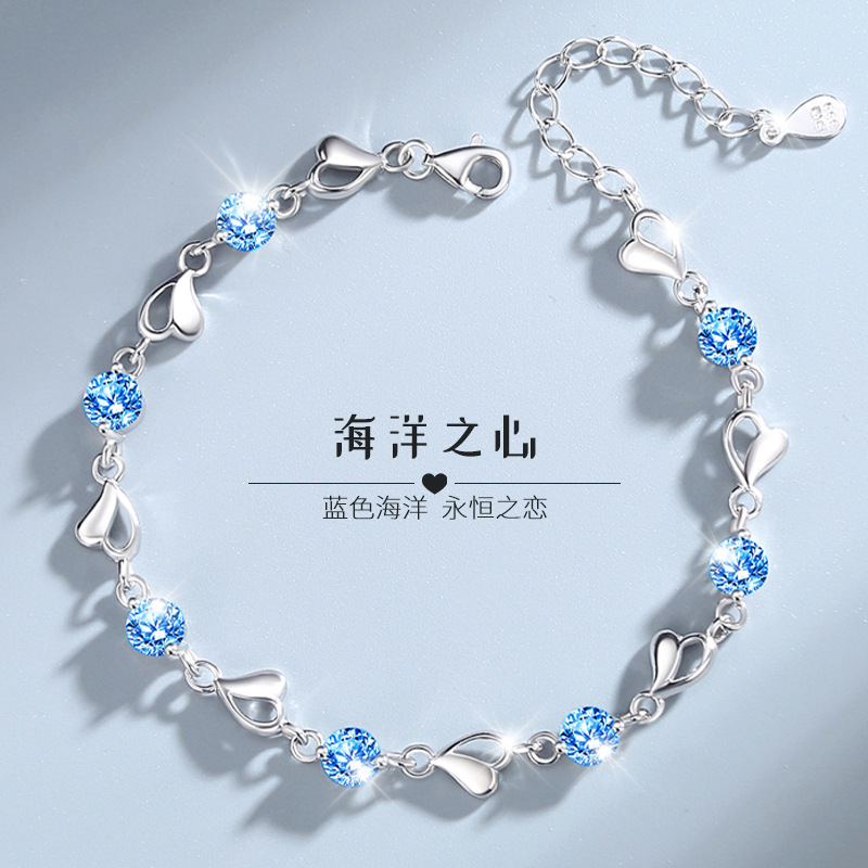 足银日韩版S999银爱心连心纯银手链简约个性森系学生饰品生日礼物