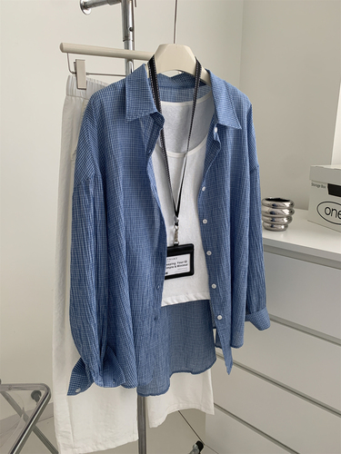 2025 Autumn Art Retro Relaxed Washed Cotton Blue Check Shirt for Women, Lightweight Breathable Loose Korean Style Shirt