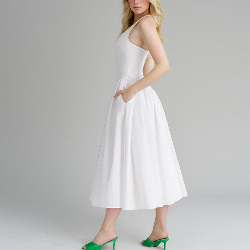 Transfronterizo 2025 primavera nuevo estilo Amazon ropa de mujer europea y americana temperamento sexy cuello halter color sólido delgado vestido sin espalda