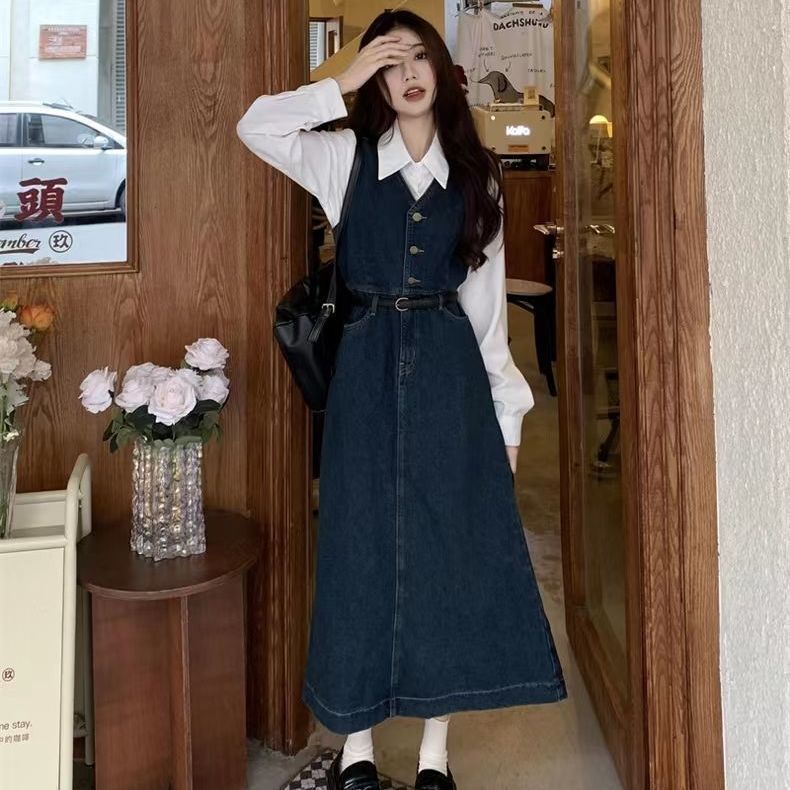 送腰带两件套装春秋新款设计感轻奢衬衫女搭配显瘦背带牛仔A字裙|undefined
